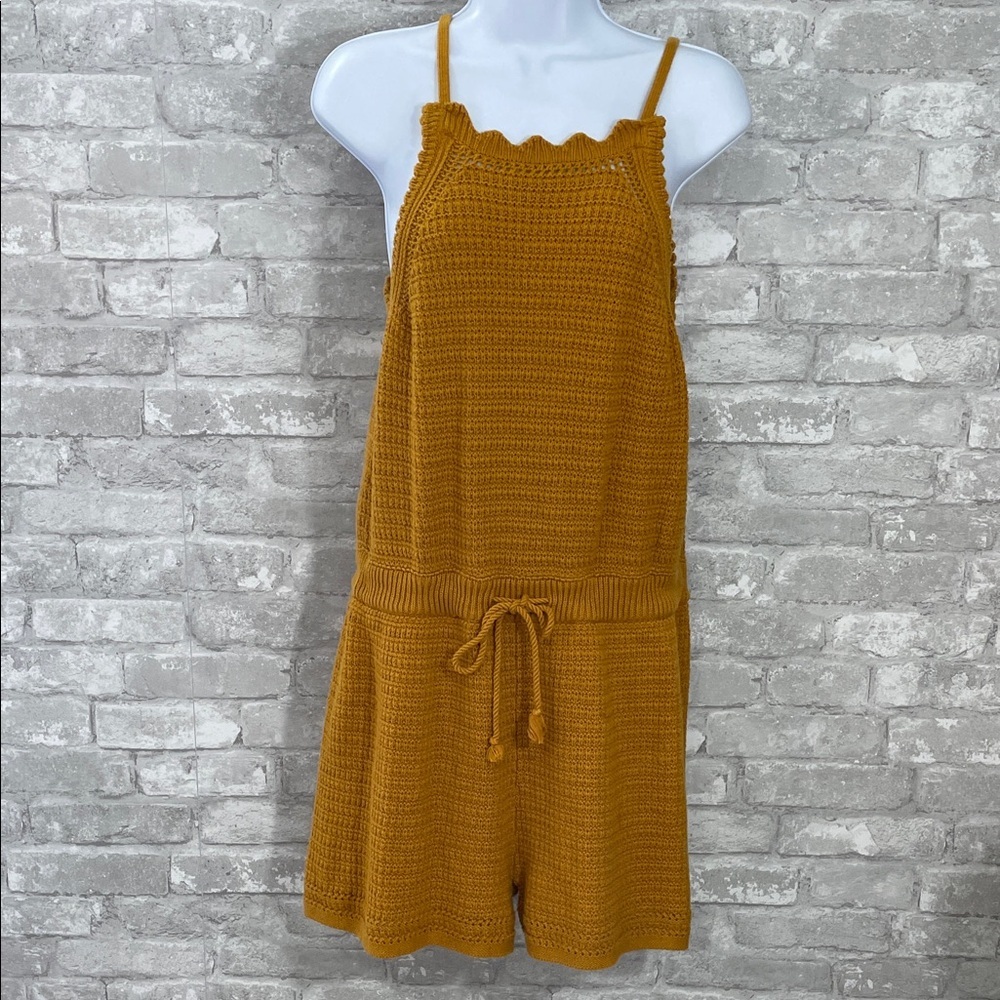 Universal Thread 100% cotton knit tie-front crochet romper in a mustard yellow